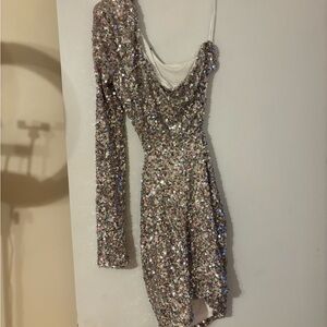 Fashion Nova Glittering Long Sleeve Dress - Silver and Pink